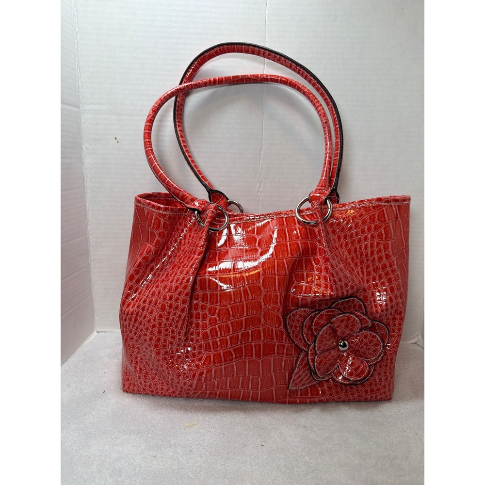 NWT‎ VTG Y2K Minicci Tote Bag Womens Orange Croc Embossed Patent Floral Applique